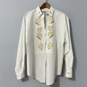 Vintage Banana Republic Shirt Women Large White Floral Western 100% Cotton 80s